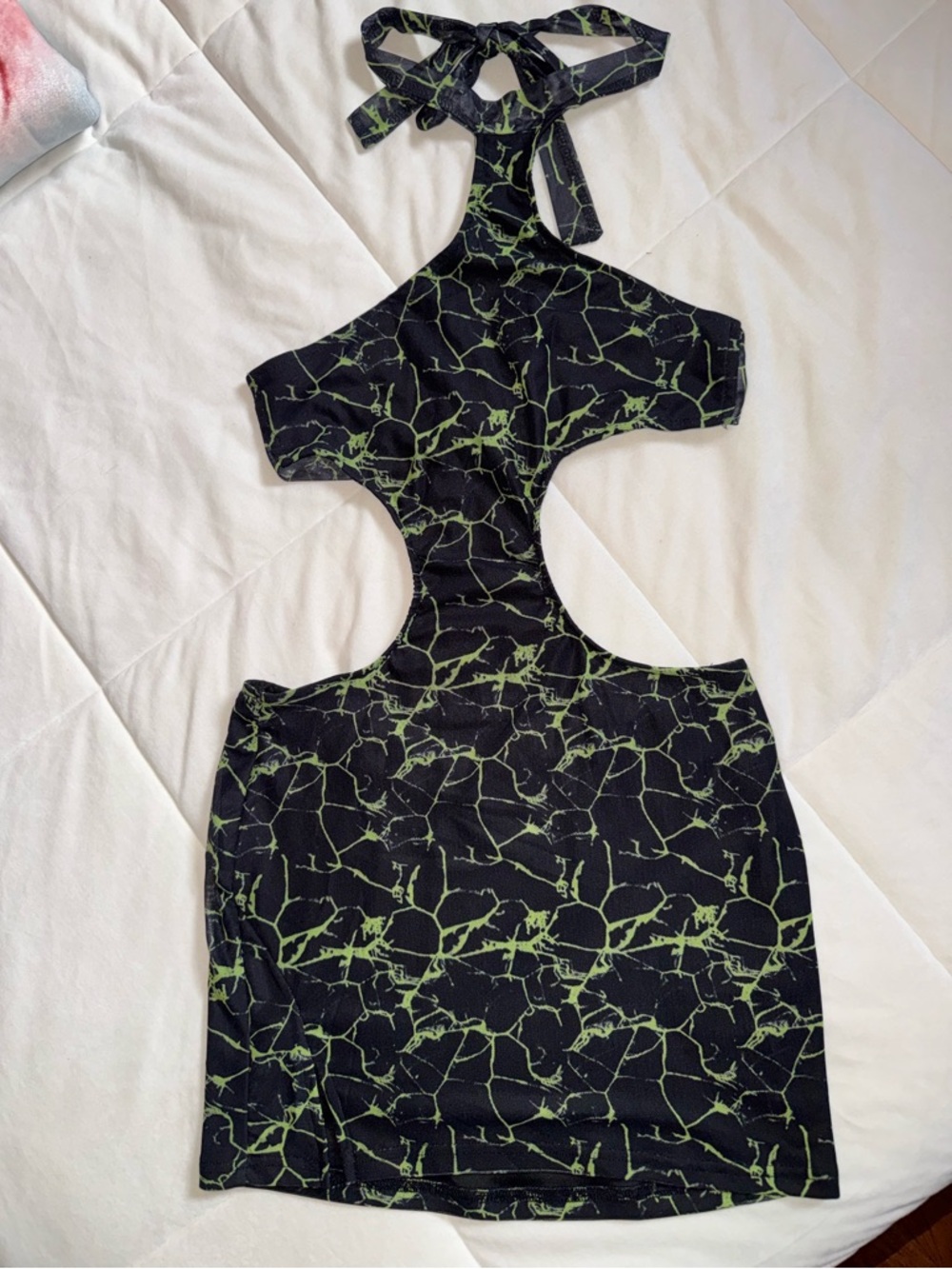Rave Black Halter Cutout Mini Dress with Neon Green Marbled Print
